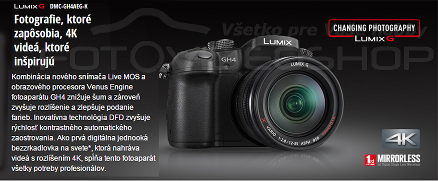 Panasonic DMC-GH4  je hybridn fotoapart uren pre profesionlne foto a video pouitie. Je vybaven 16.05-megapixelovm Digital Live MOS senzorom a 4-CPU Venus Engine, ktor je schopn zachyti fotografie vo vysokom rozlen vo formte JPEG a RAW, rovnako ako UHD 4K 3840x2160 30p/24p a filmov DCI 4K 4096x2160 video v 24p. 